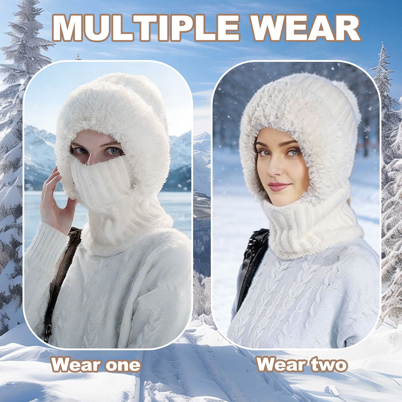 3 in 1 Beanie Hat For Women, Fleece Lined Knit Beanie Hat with Scarf and Mask, Fall Winter Warm Knitted Ski Scarf and Mask Set for Cold Weather