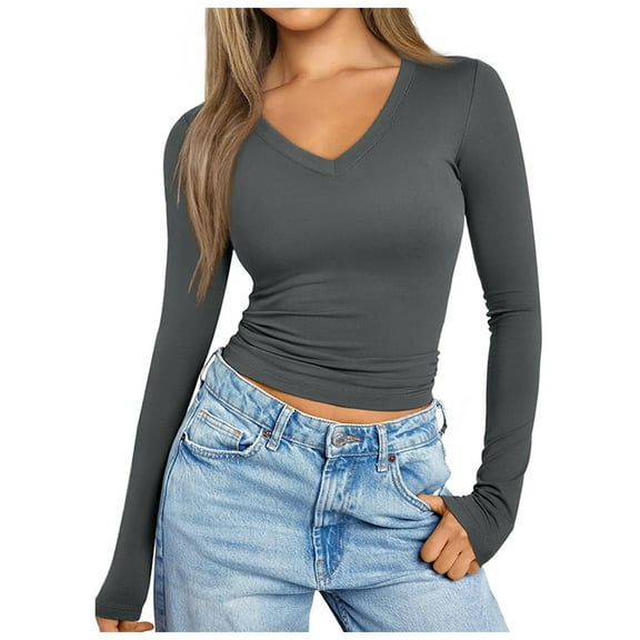 kaprioy Long Sleeve Shirts for Women 2025 Fall Fashion V Neck Basics Crop Tops Slim Fitted Y2K Tops Outfits Clothes Grey, XL