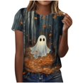 thumbnail image 2 of Women's Fall Halloween Shirts Forest Ghost Graphic Tees Short Sleeve Crew Neck T-Shirts Casual Autumn Leaves Novelty Tops Festive Holiday Wear, 2 of 6