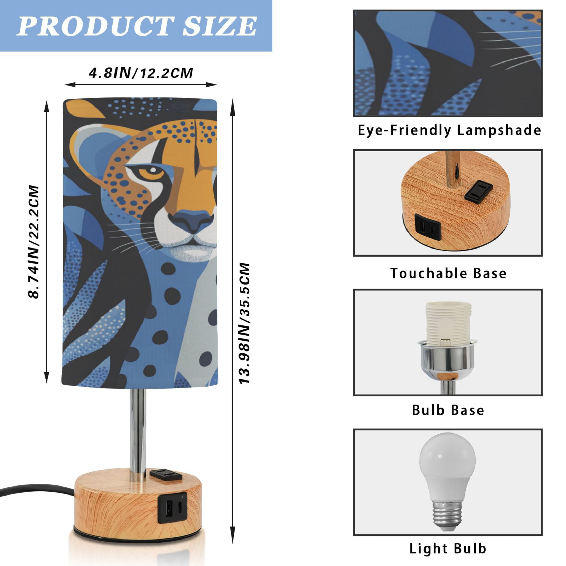 Touch-Control 3-Color Desk Lamp with Plug – Energy-Saving LED + 3 Simultaneous Charging Ports Cheetah in Cubist Style