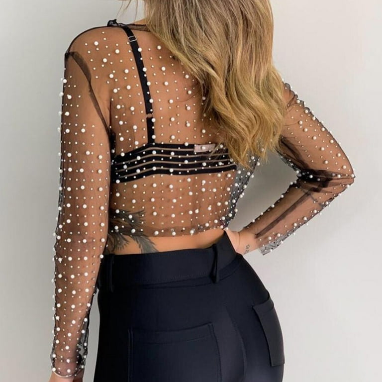 StoBays Women Long Sleeve Sheer Mesh Crop Top Pearls StoBays Women Long Sleeve Sheer Mesh Crop Top Pearls