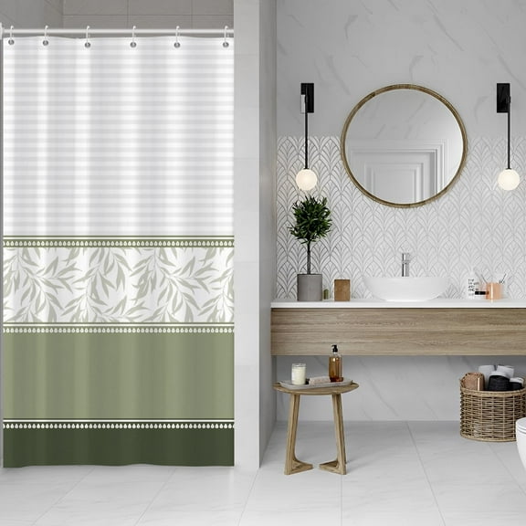 Boho Shower Curtain for Bathroom Sage Green Leaves Fabric Stall Shower Curtains Stripe Lines Bathtub Decor 36x72inches Waterproof Small Shower Curtain with Hooks