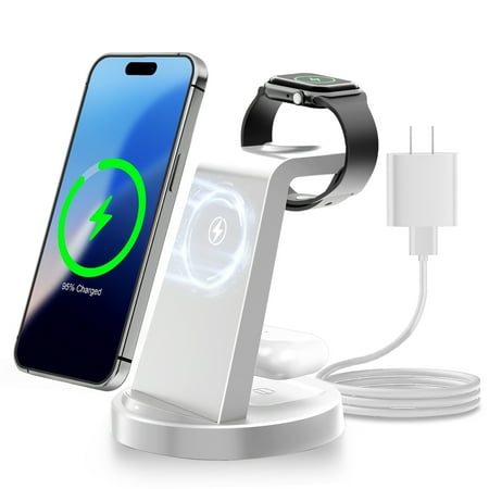 15W Wireless Charger for iPhone 3 in 1 Charging Station Compatible with iPhone 17 16 15 14 13 12 Compatible with iWatch Compatible with Airpods White(with adapter) 15W Wireless Charger for iPhone 3 in 1 Charging Station Compatible with iPhone 17 16 15 14 13 12 Compatible with iWatch Compatible with Airpods White(with adapter)
