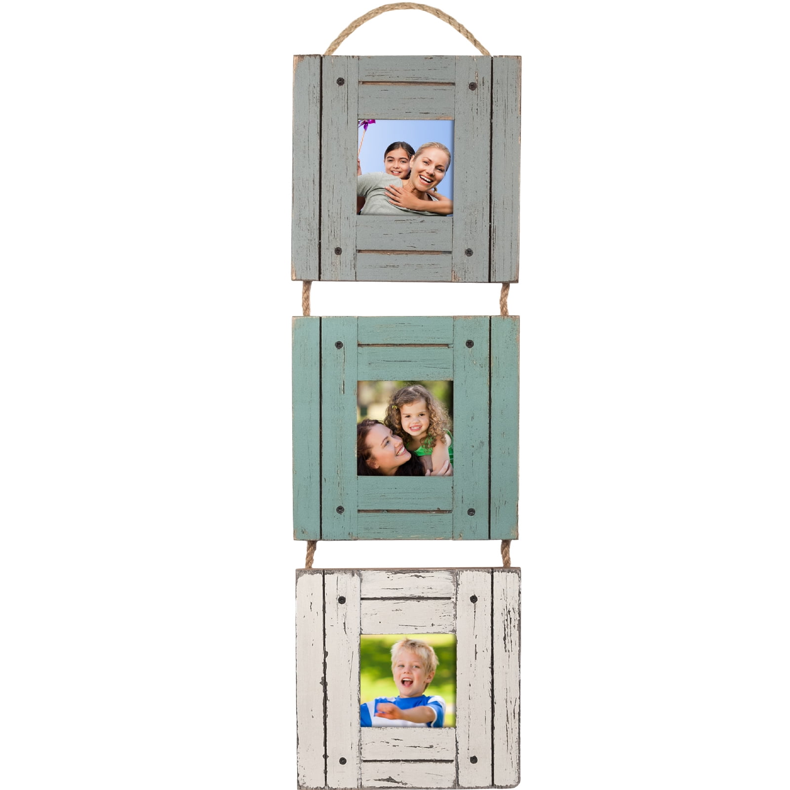 Rustic Three Picture Frame Holds three 3x3 Photos, Hand Painted