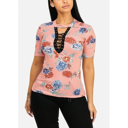 - Womens Juniors Floral Print Short Sleeve Crisscross Details Casual Mauve Blouse Top 40138L