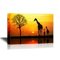 wall26 - African Savanna Sunset Canvas Wall Art - Giraffe Family on African Savannah - Gallery Wrap Modern Home Art | Ready to Hang - 16x24 inches