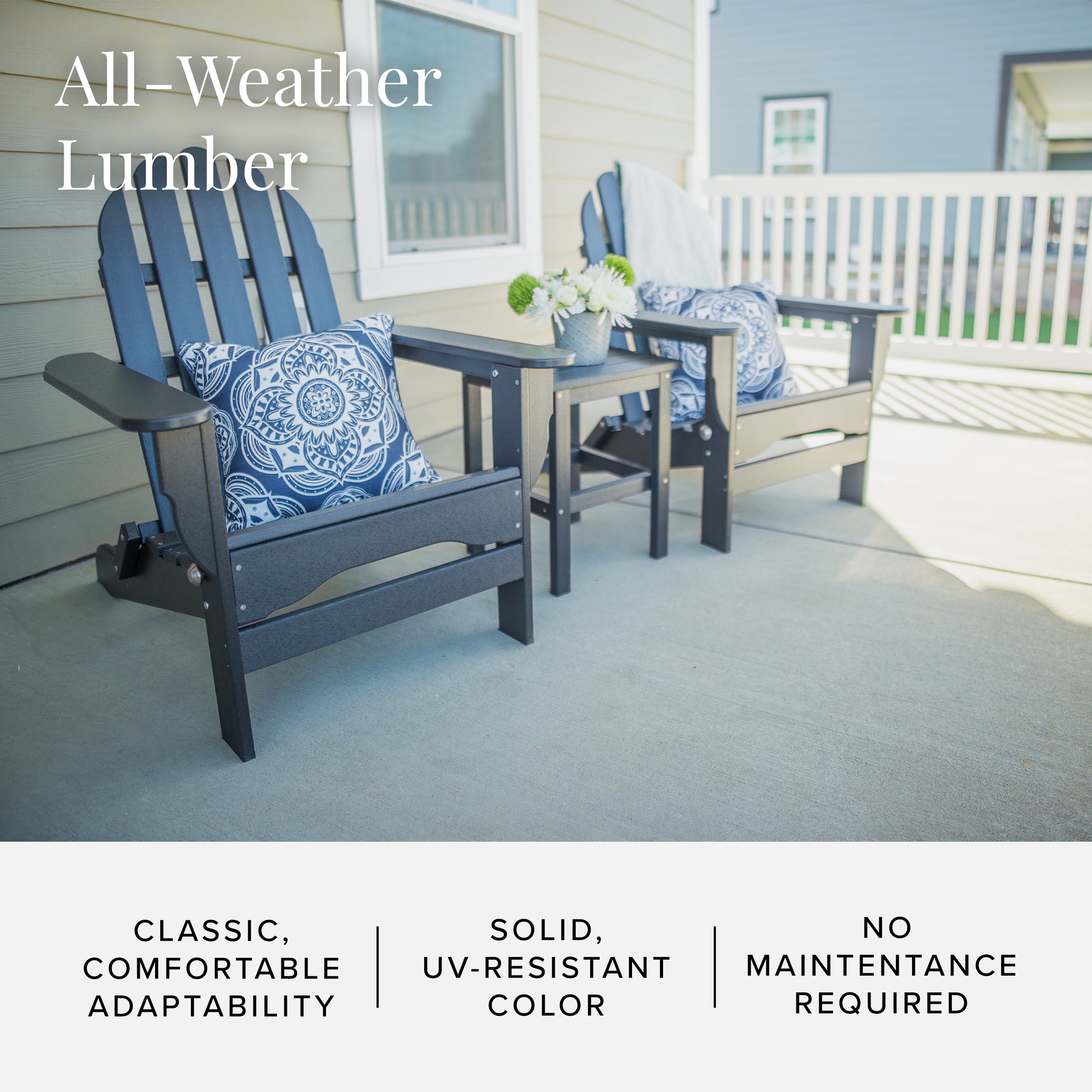 DuroGreen Folding Adirondack Chairs Made With All-Weather Tangent Lumber, Set of 4, Oversized, High End Patio Furniture for Porch, Lawn, Deck, or Fire Pit, No Maintenance, , Black