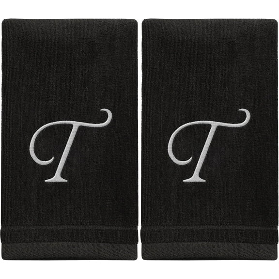 Monogrammed Towels Fingertip, Personalized Gift, 11 x 18 Inches - Set of 2 White Embroidered Towel - Extra Absorbent 100% Cotton - Soft Velour Finish - For Bathroom/ Kitchen/ Spa - Initial T (Black)