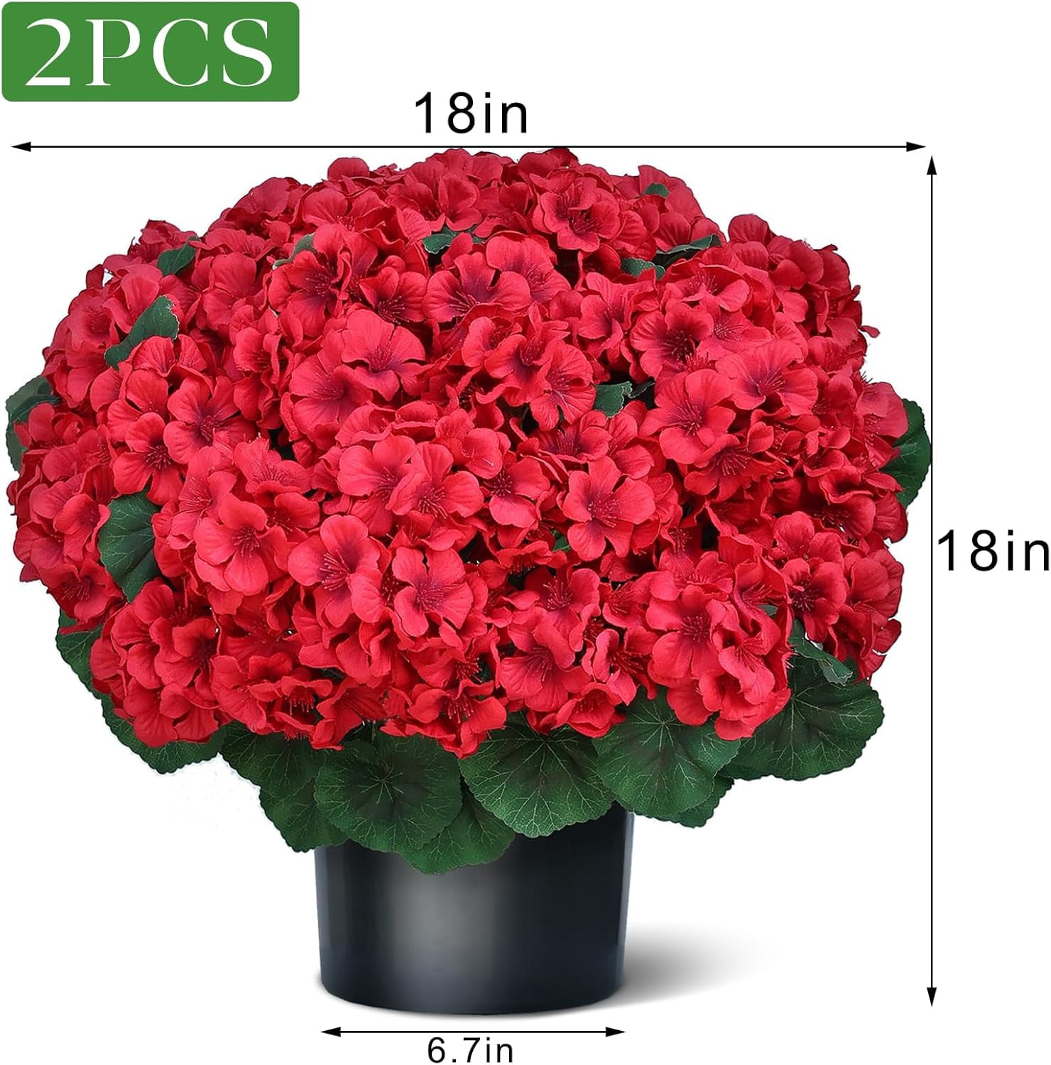 18 Inch Artificial Geranium Topiary Set of 2 - Red Silk Faux Flowers  Potted Plants for Outdoor Indoor Porch Garden Home Decor