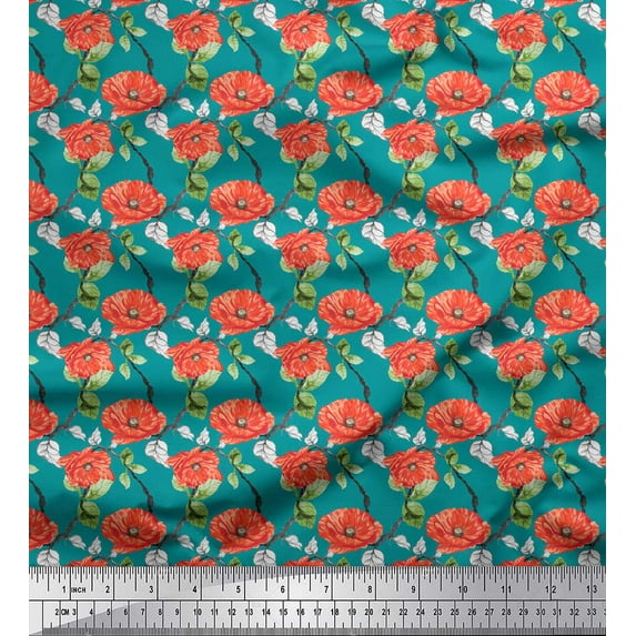 Soimoi Green Cotton Cambric Fabric Leaves & Floral Print Fabric by the Yard 42 Inch Wide