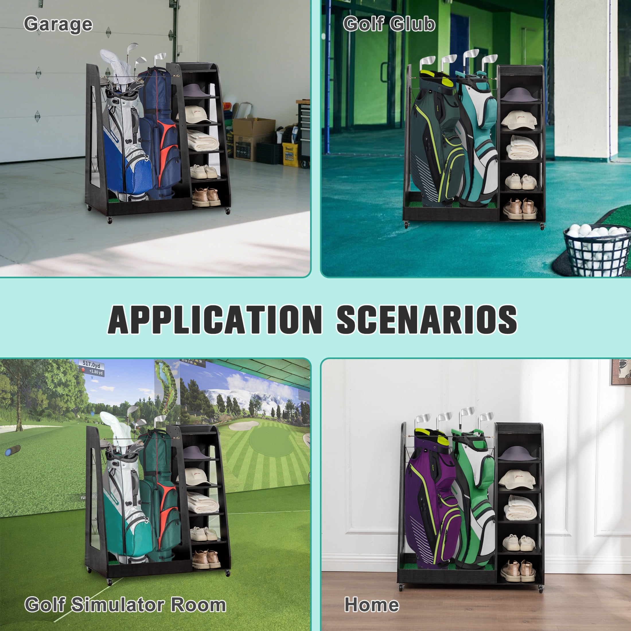 Noble House 35" Mobile Wooden Golf Bag Organizer, Garage Clubs Storage Rack with Lockable Casters, Black