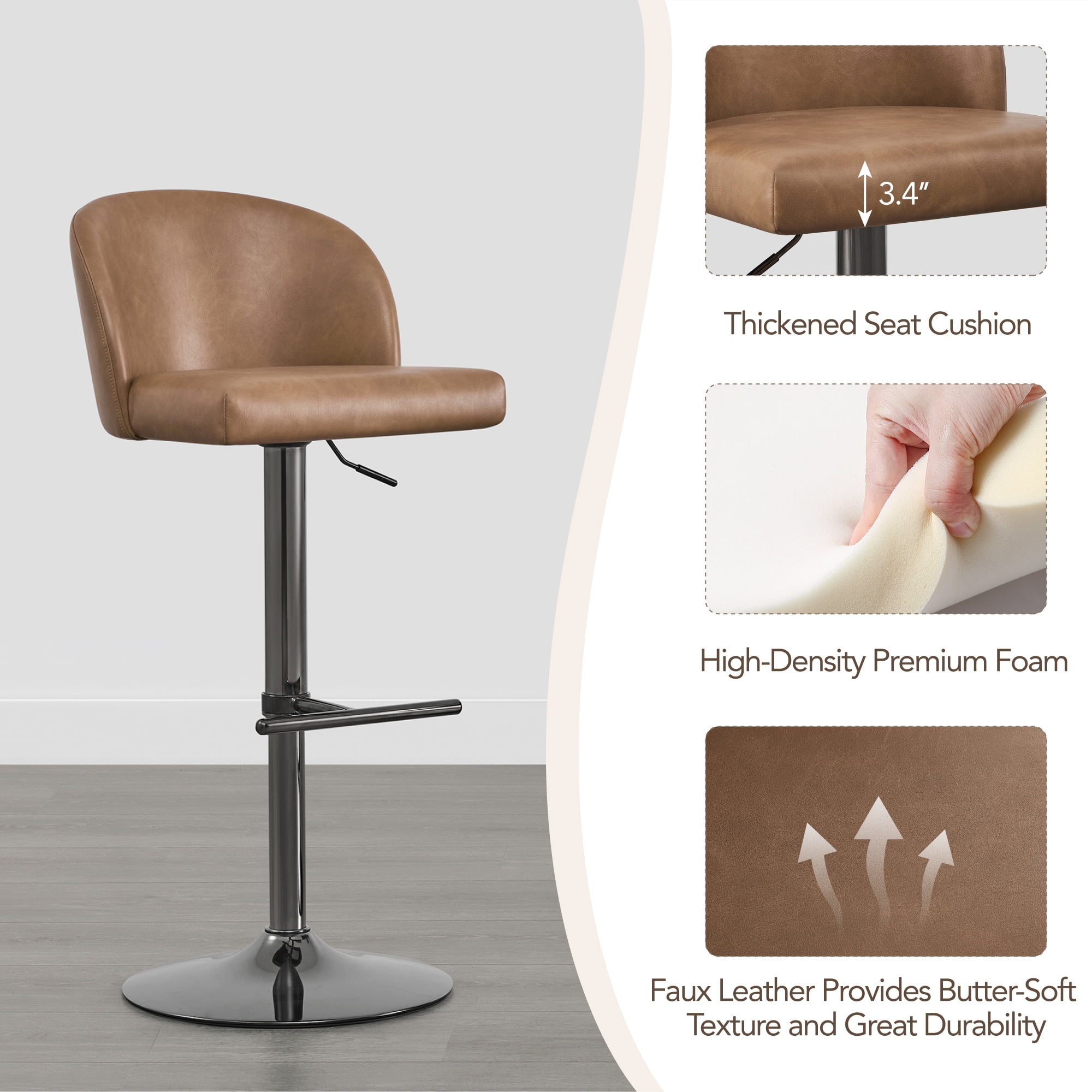 Spruce & Spring Modern Adjustable Swivel Bar Stool with Air-Lift Set of 2, Cognac with Sleek Black Frame