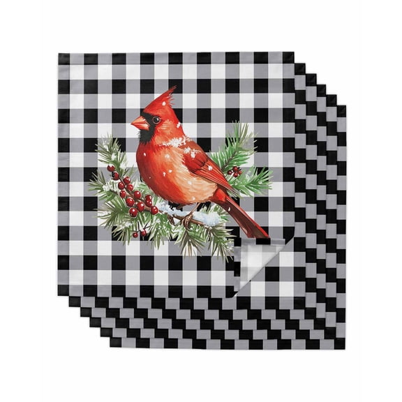 Christmas Cardinal Bird Cloth Napkins Set of 6 Reusable Dinner Napkins, White Black Plaid Pine Branch Snow Cocktail Napkin Washable Table Napkins for Wedding/Holiday Party/Baby Shower 20"x20"