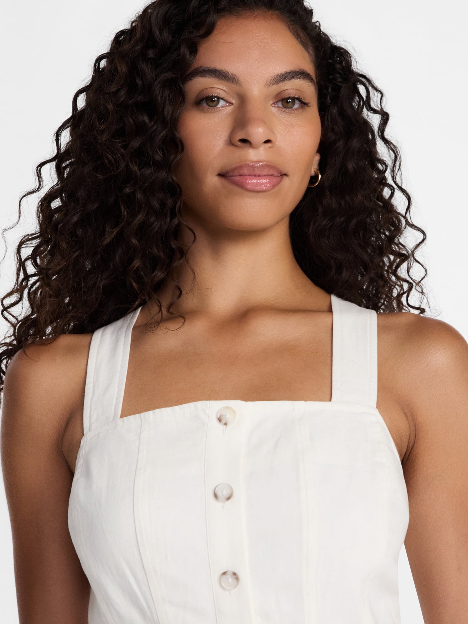 Time and Tru Women's Linen Blend Button Front Tank Top with Adjustable Straps, Sizes XS-XXXL