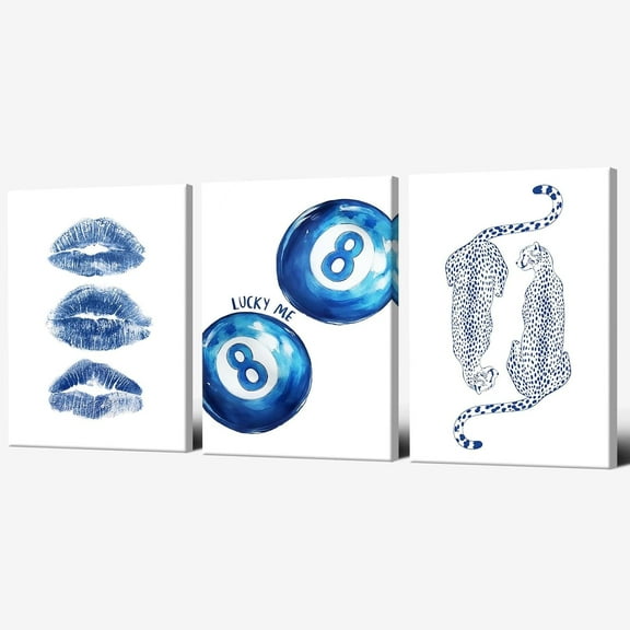 Set of 3 Trendy Leopard Wall Art Navy Blue 8 Ball Posters Lucky You Room Decor Funny Cheetah Print Canvas Retro Kiss Lips Artwork Preppy Y2k Aesthetic for College Dorm Bedroom Home 12x16in Unframed