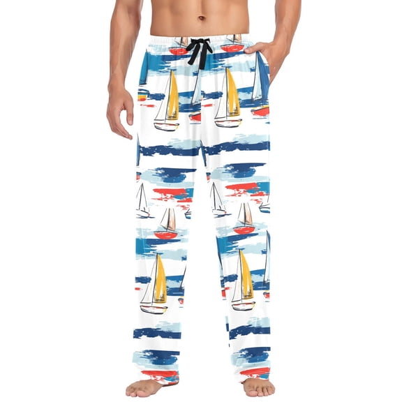 FORMRS Mens Pajama Pants with Pockets Sleepwear Lounge Bottoms Sizes S-2XL, Dark Blue Hand Drawn Sailboats