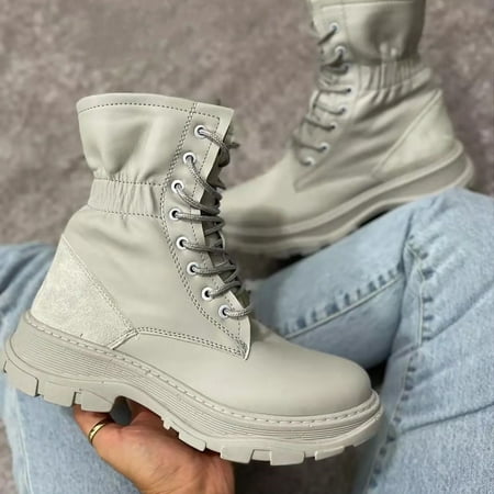 

UTTOASFAY Boots for Women Women S Outdoor Leather Boots Trend England Style Highboots Rollbacks