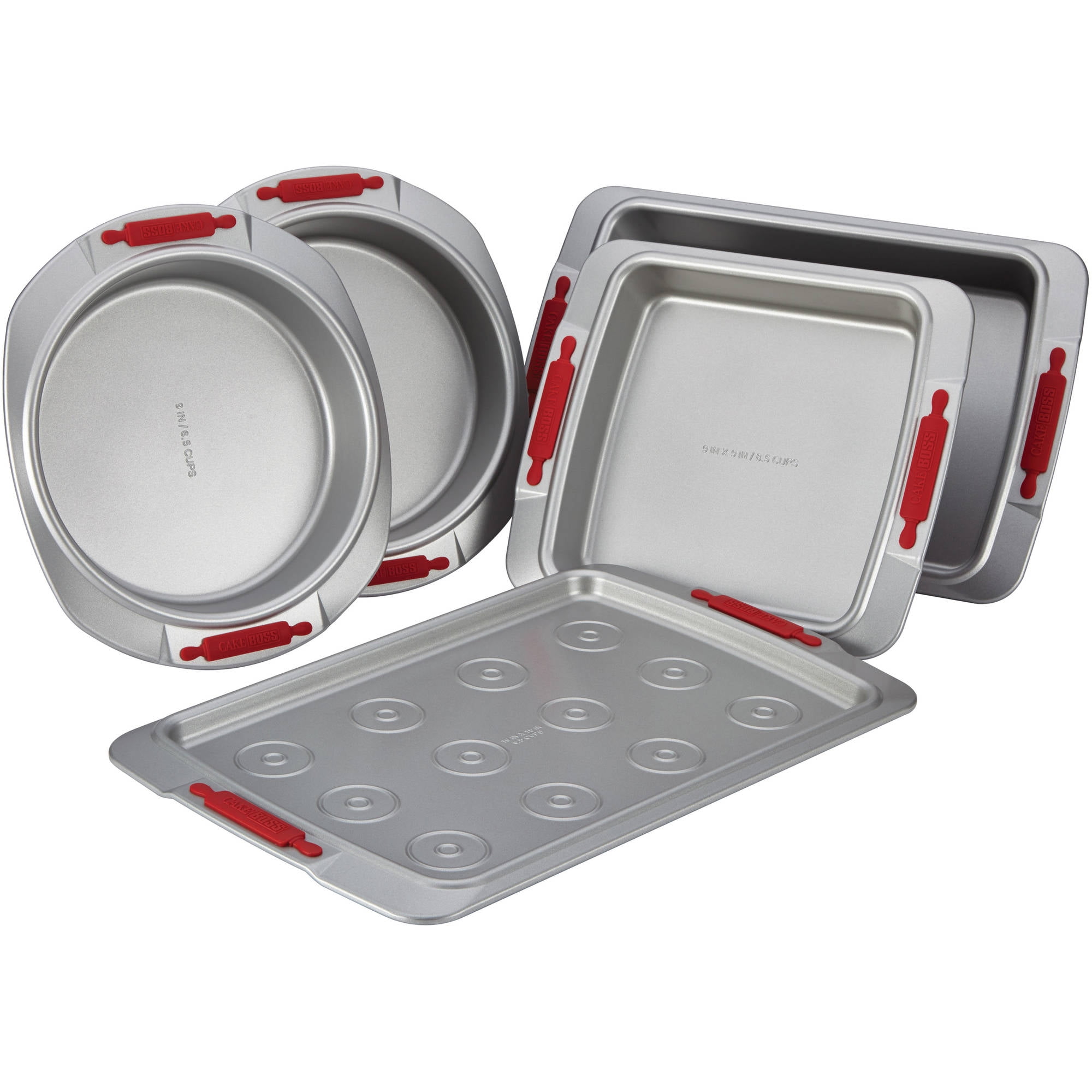 Cake Boss Deluxe Nonstick Bakeware 5Piece Bakeware Set, Gray with Red