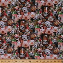 Cotton Farm Animals Cows Horses Pigs Sheep Geese Goats Rosters Chickens Donkeys Funny Faces Smiling Farm Selfies Cotton Fabric Print by the Yard (1323green)