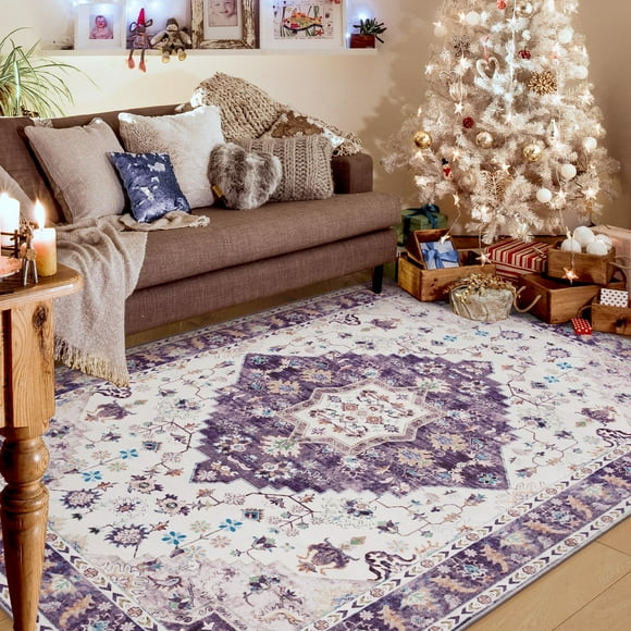 Amearea Vintage Design Area Rugs for Living Room, 4x6 Machine Washable Floral Collection Traditional Bedroom Rug, Low Pile Cute Kids Room Print Carpet, No Slip Office Kitchen Home Decor