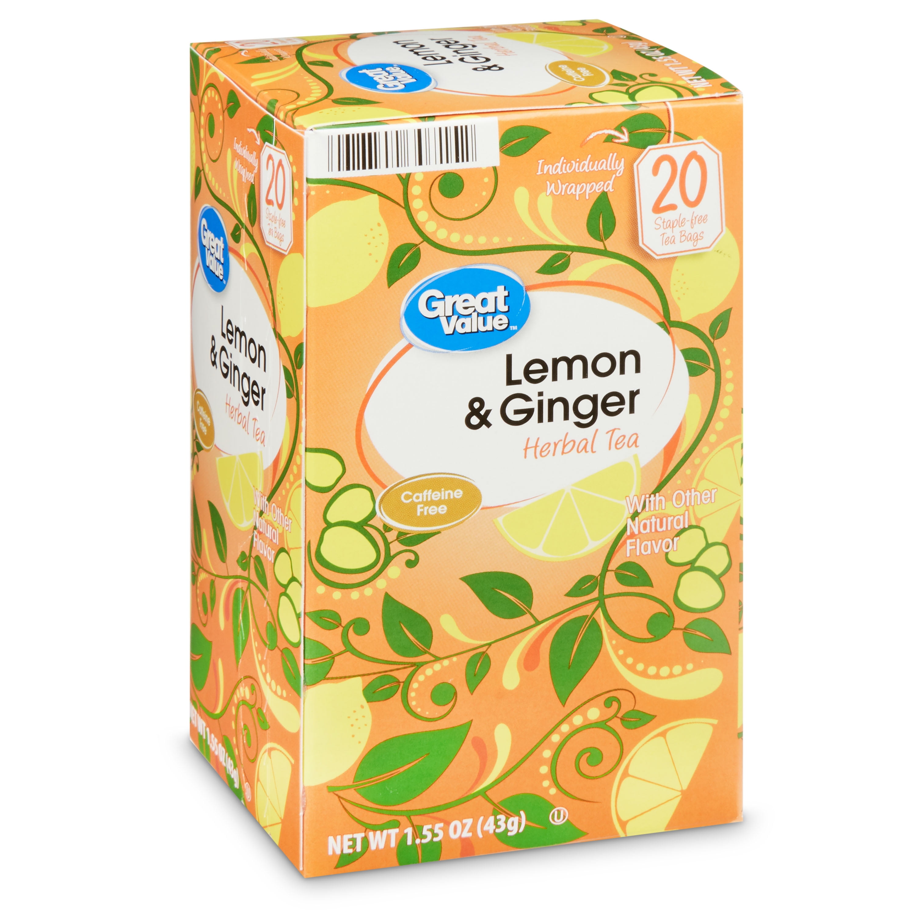 Great Value Lemon & Ginger Herbal Tea, 1.55 oz, 20 Ct