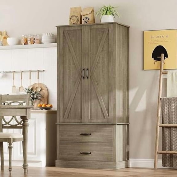 Farmhouse Kitchen Pantry Storage Cabinet with Barn Door Drawer Adjustable Shelf, Multifunctional Organizer Furniture for Kitchen Dining Room Daily Storage, Grey