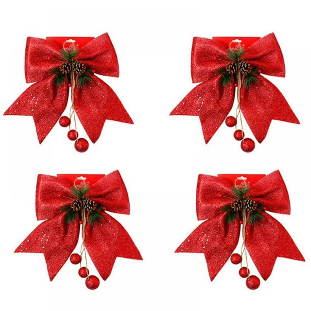 4 Pack Noeud Décoratif Arbre de Noël Paillettes Noeuds d'Arc Ornement avec des Arcs Rouges de Pomme de Pin pour Couronne Guirlande Treetopper Fête de Noël (Rouge)
