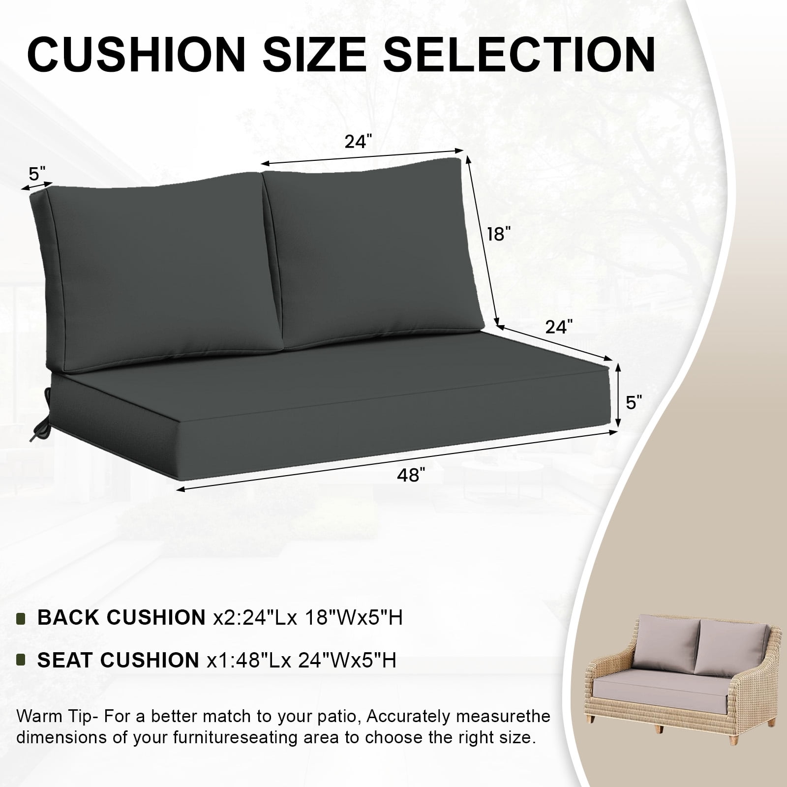 Outdoor Loveseat Cushion Set, Water Repellent Patio Furniture Cushions Replacement, 48 x 24 inch