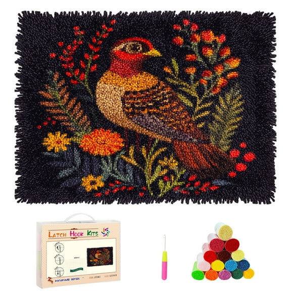 DIY Latch Hook Rug Kits Cartoon Pheasant in Flowers Stamped Non-slip Mat Crochet Yarn Hook and Latch Emboridery Tapestry for Home Floor Decor and Pet Warm Cushion 52x38cm(3)