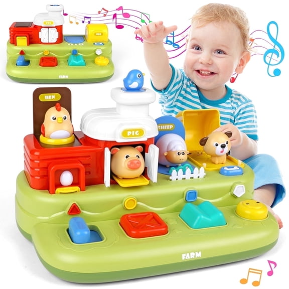 UQN Pop-up Baby Toys, Montessori Toys for 1 Year Old Boys Girls, Farm Animal Early Learning Sorting Colors Baby Toys with Musical for 9-12-18 Months Birthday Gift.