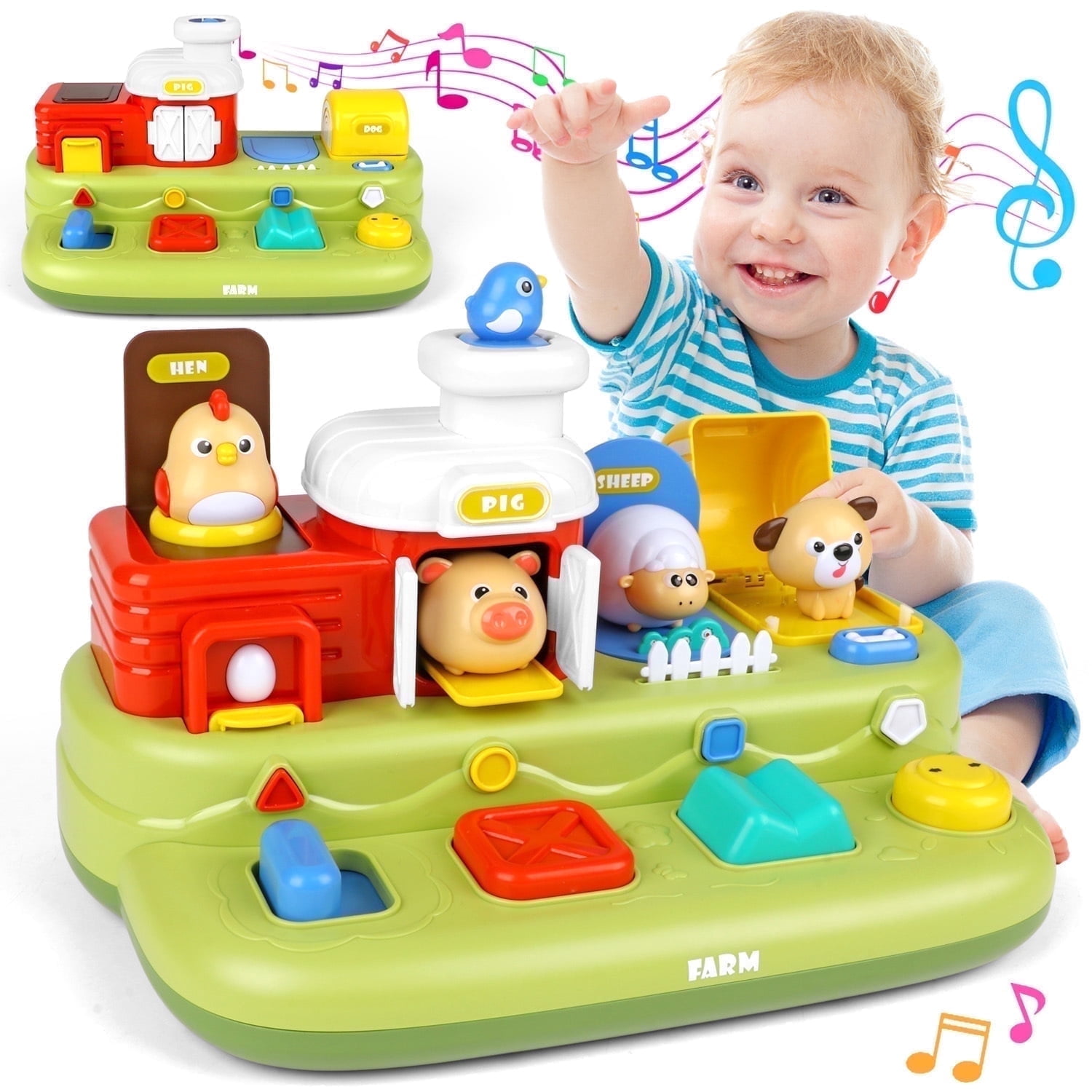 UQN Pop-up Baby Toys, Montessori Toys for 1 Year Old Boys Girls, Farm Animal Early Learning Sorting Colors Baby Toys with Musical for 9-12-18 Months Birthday Gift.