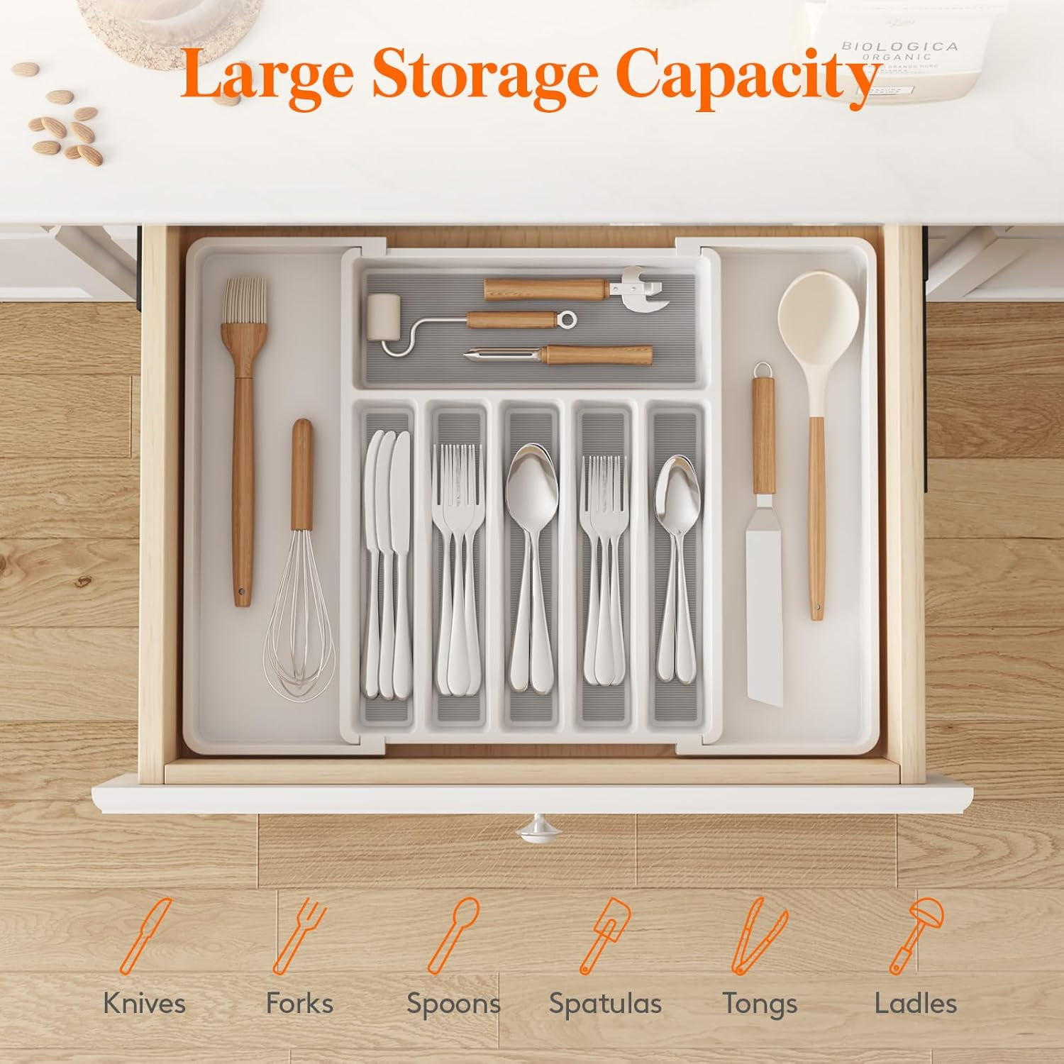 Silverware Drawer Organizer, Expandable Utensil Tray for Kitchen, BPA Free Flatware and Cutlery Holder, Adjustable Plastic Storage for Spoons Forks Knives, 8.5-14 x 12", Black