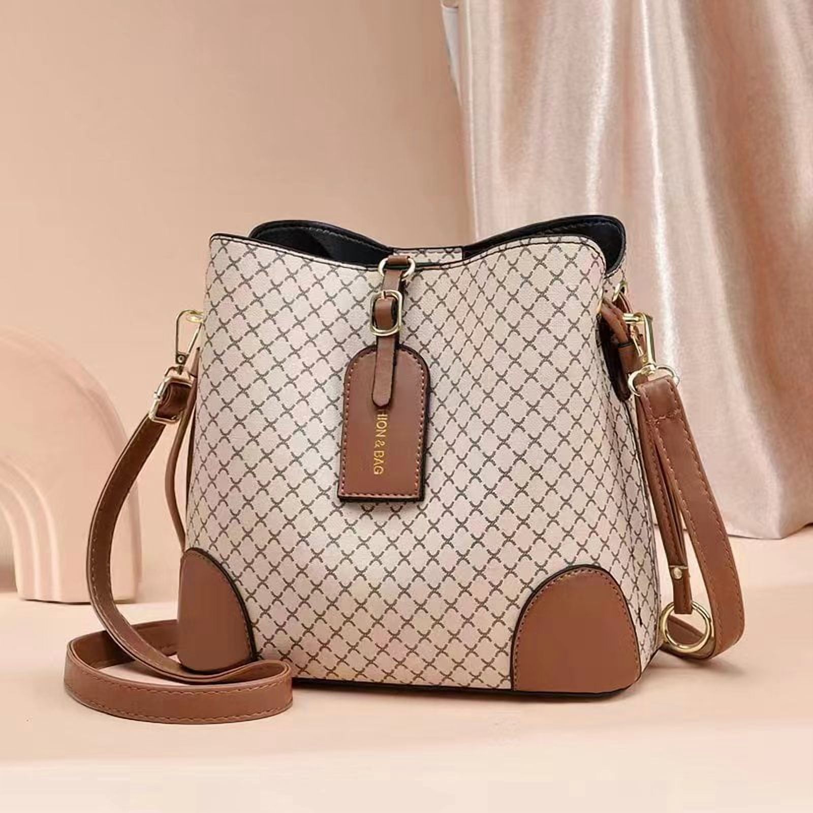 PORT&LOTUS Small Compact Leather Crossbody Bag for Women Classic Floral Bucket Bag for Women with Shoulder Strap Women's Top-handle Handbags with Adjustable Shoulder Strap