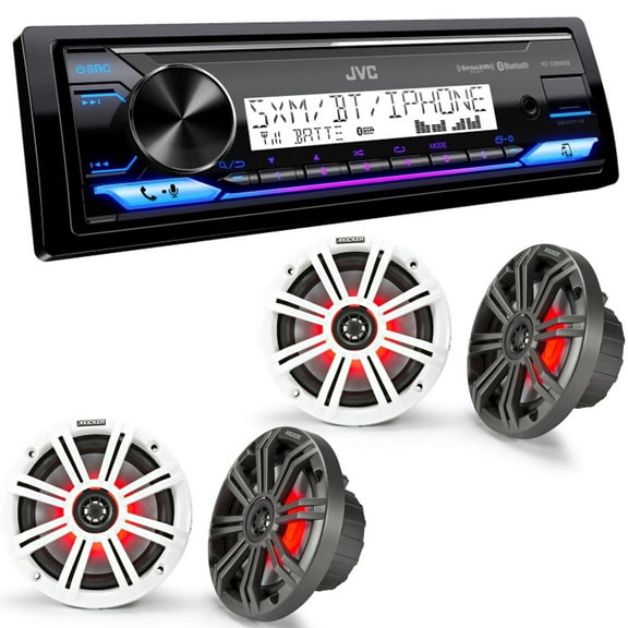 JVC KD-X38MBS Marine Digital Media Receiver with Bluetooth, USB, SiriusXM Ready, Conformal Coated PCB with 2 Pairs KM654L 6.5" Marine Coax Speakers w/RGB Lighting