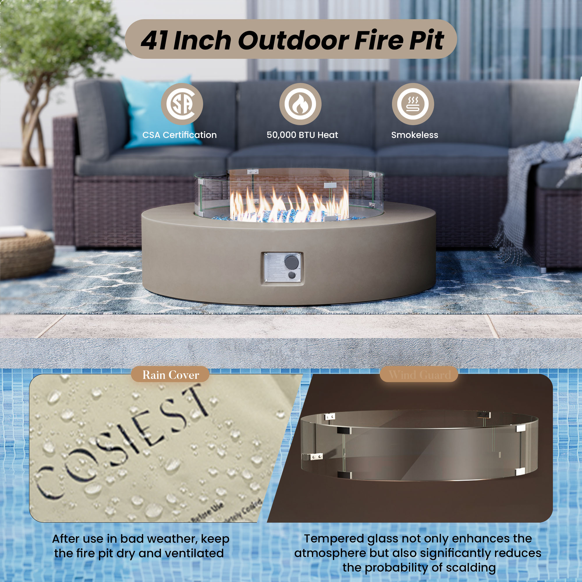 VENTOPYR Outdoor Propane Fire Pit Coffee Table, 40.5-inch Round, 50,000 BTU, Gray Finish with Wind Guard, Fire Glass, Rain Cover