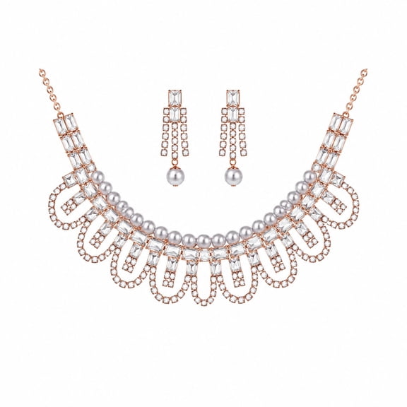 AlKhalil - Elegant Rose Necklace and Earrings Set with Clear Gemss and Lavender Pearls – Luxury Bridal, Party, and Gift Jewelry for Women