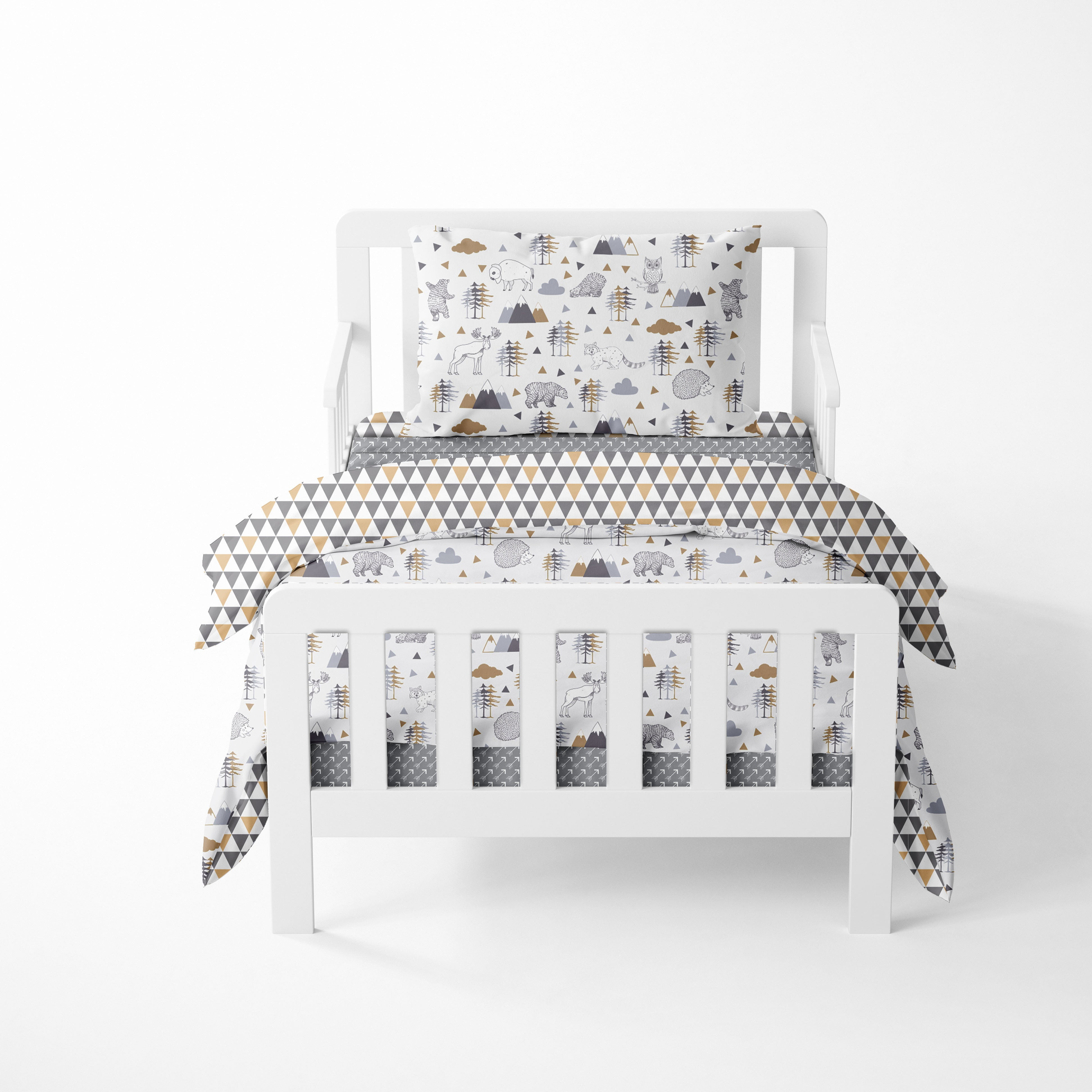 Bacati - Toddler Bedding/Sheet Set 100% Cotton Percale, Woodlands Beige/Grey