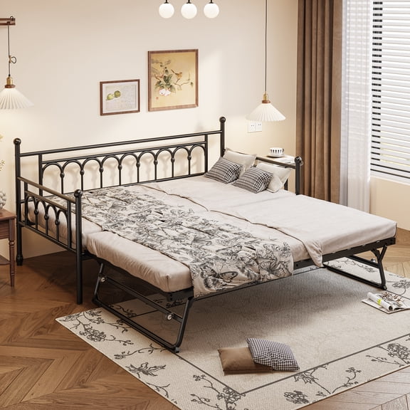 Fulljojor Twin Size Steel Daybed with Adjustable Trundle, Pop Up Trundle, Space-Saving,Easy Assembly