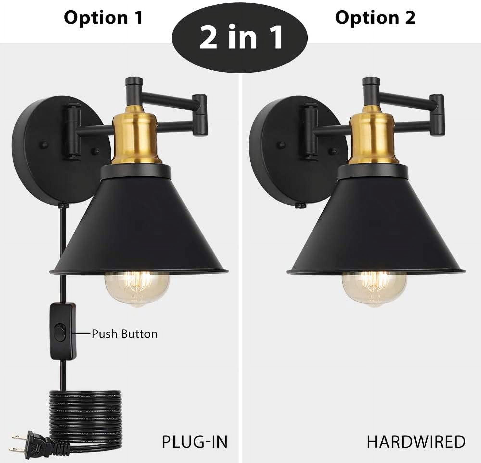 Set of 2 Black-Gold Swing Arm Wall Light for Bedroom, Bedside Reading Light by Oumilen(Bulb Not Included)