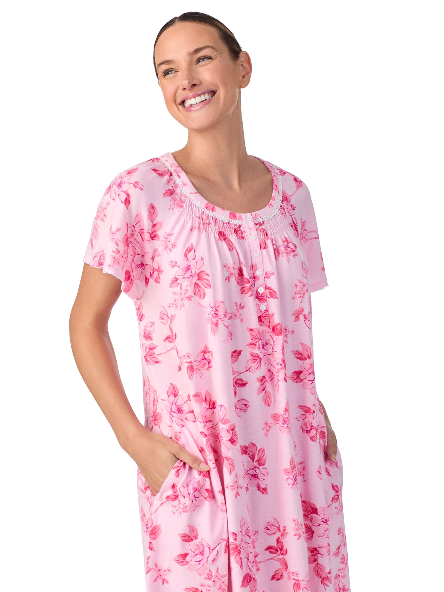 Aria Women's 100% Cotton Raglan Sleeve Smocked Neck Sleepwear 40" Gown, Sizes XS-5X