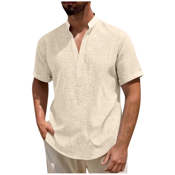 FRSASU Mens Casual Henley Shirt Short Sleeve Band Collar Shirt Short Sleeve Summer Beach Hippie Vacation T Shirt with Button Khaki