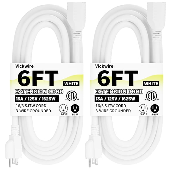 Cable de extensión Vockjour 16/3 blanco de 1,8 m, paquete de 2 unidades para interiores y exteriores