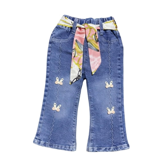 NAISIBABY Girls Flare Jeans 8T, High Waist Stretch Loose with Silk Belt Casual Fashion Denim Pants Blue (2-8T)