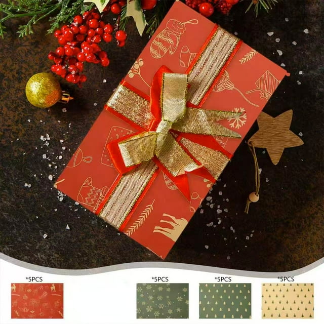 Christmas Wrapping Paper Set | 5 Designs Decorative Kraft Gift Wrap | Festive Snowflakes Trees Reindeer | 74x50cm, Multicolor Holiday Gift Wrap