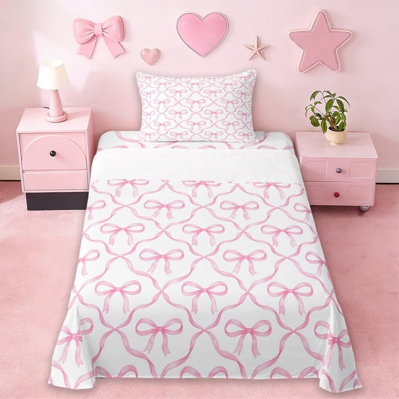Erosebridal Pink Bows Girls Twin Sheet Sets,Girly Bowknot Princess Bedding For Bows Lover 3-Piece