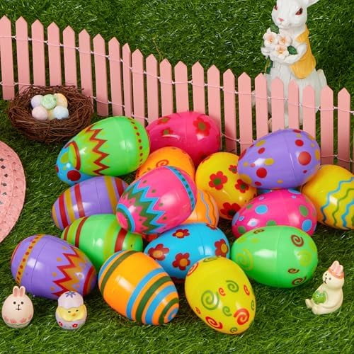 Toy 72 PCs Plastic Printed Bright Easter Eggs, Over 3.15'' Tall Fillable Empty Eggs Bulks for Easter Hunt, Basket Stuffers Fillers, Classroom Prize Supplies, Filling Treats and Party Favor