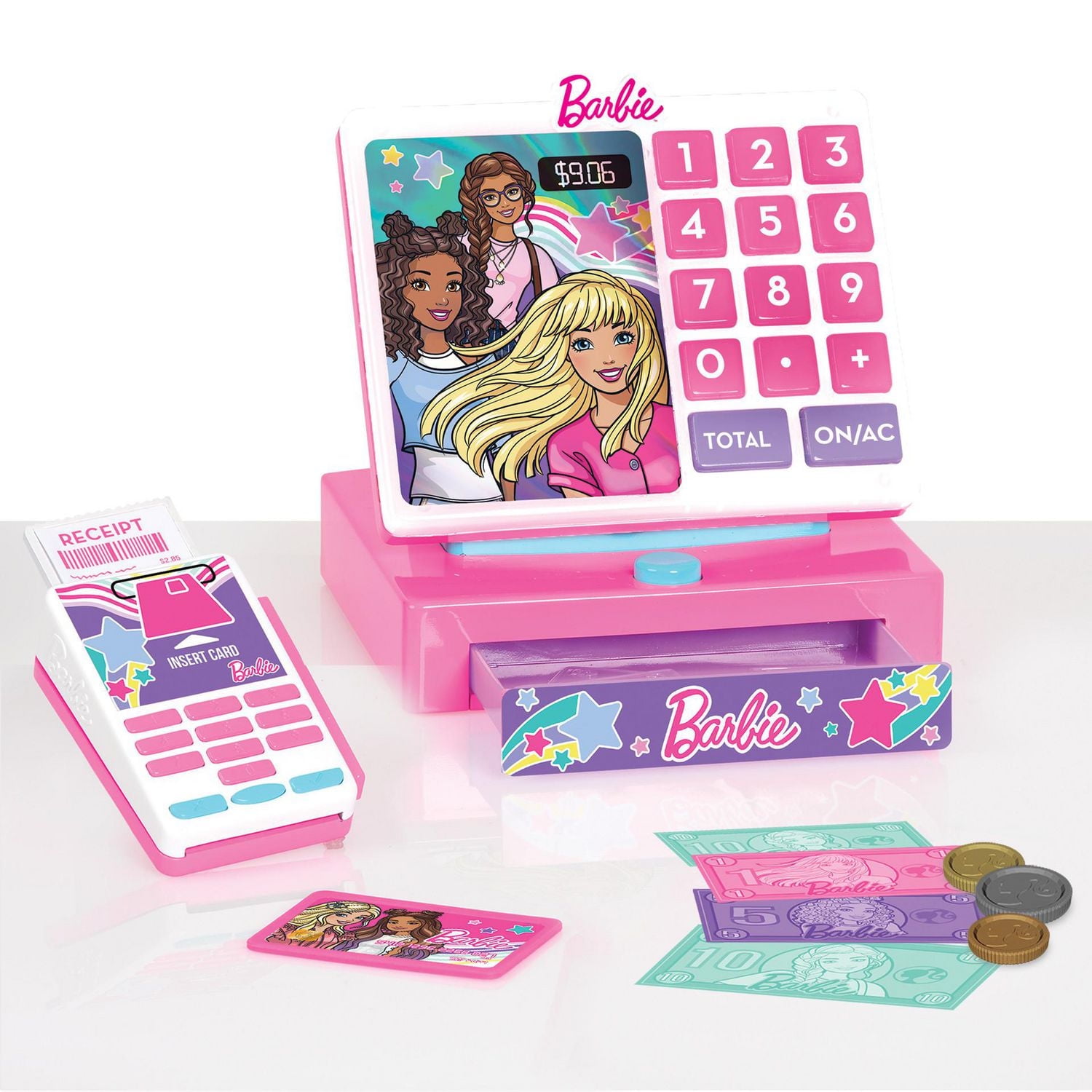 Caisse-Enregistreuse Barbie à la Mode, Argent pour Faire Semblant, et Lecteur de Carte de Crédit, Ensemble de Jeu de 9 Eléments Caisse-Enregistreuse Barbie