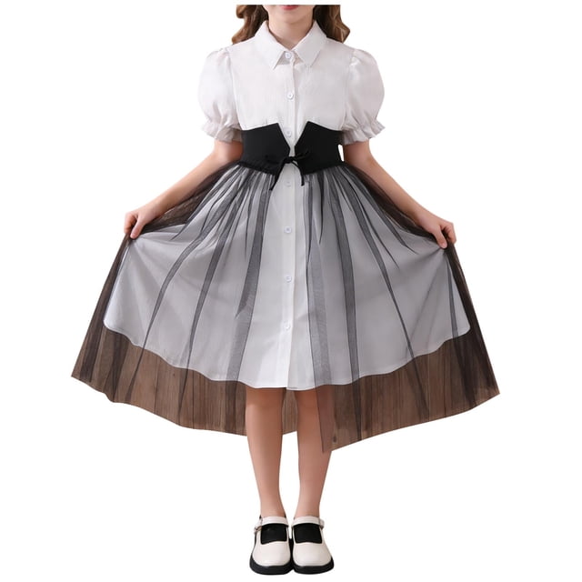 Vestido Formal de Manga Corta Vestido de Malla de Solapa de Color Sólido para Niños con Mangas Hinchadas Y Falda en Capas, Cintura de Contraste con Arco, Casual Y Cómodo para Niños de Mediano a Grande