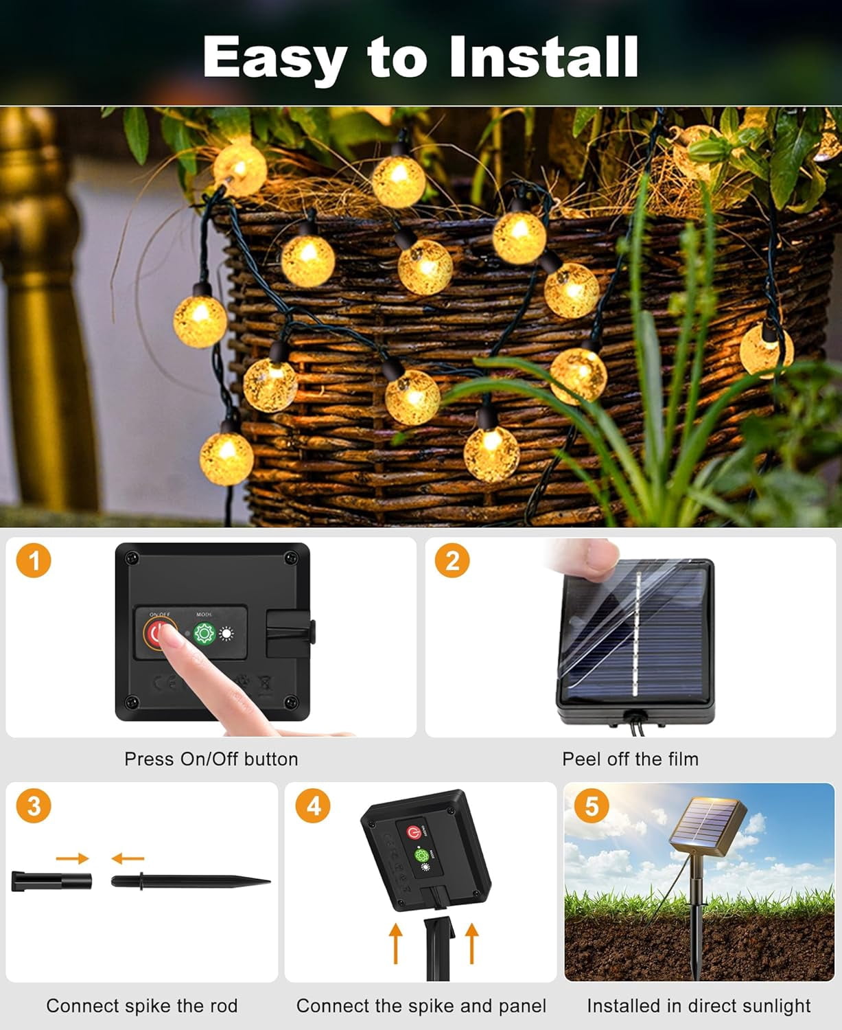 Solar String Lights Outdoor Waterproof, 2 Pack 98 Ft 100 Led Solar Powered Patio Light, 8 Lighting Modes Crystal Globe Decor for Garden Balcony Yard Porch, Warm White, Patio Lights