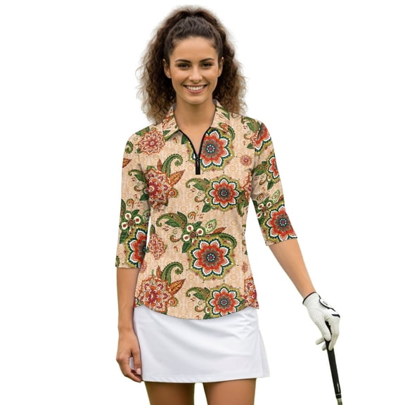 HUIACONG Athletic Polo Shirts for Golf Outdoor Sports, Polyester Spandex Blend Quick Dry Fashionable Women's 3/4 Sleeve Golf Top, Vintage Mandala Floral